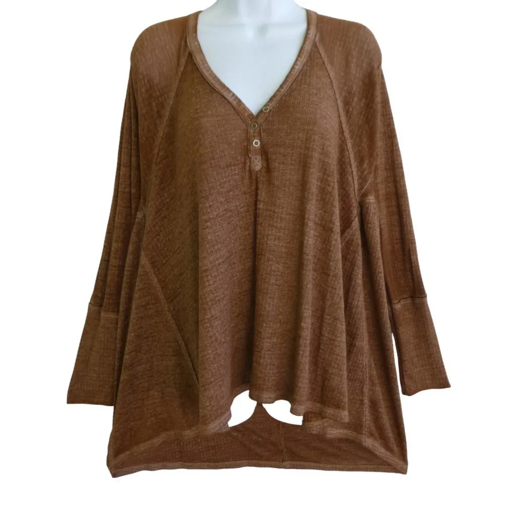 We The Free People Brown Babydoll Henley Swing Long Sleeve Oversized Thermal S